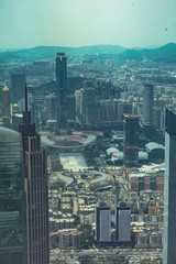 Guangzhou Soccer Stadium in China. Aerial view of the city. New Town Zhujiang.