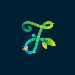Number seven eco logo with green curved lines, leaves and dew drops.