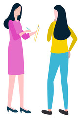 Business development, businesswomen cooperation and teamwork, management vector. Woman with notepad, isolated characters, office workers, entrepreneurs