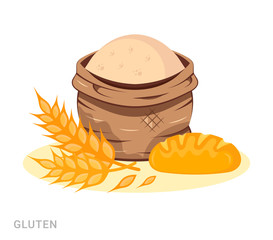 Vector illustration of gluten, bread and bag with flour. Food additive on a white background.