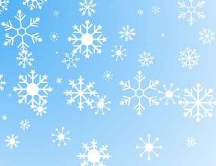 Randomly flying flat white snowflakes on a blue sky background.Vector illustration