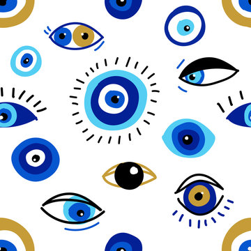 Seamless pattern with evil eyes, different talismans in hand drawn flat design, contemporary modern trendy style