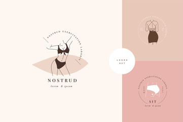 Vector design linear template logos or emblems - graceful faceless lady. Female logos for lingerie or clothes.