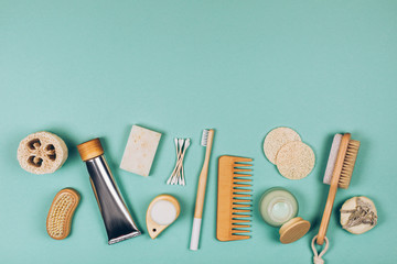 Zero waste cosmetics. Travel set. Flat lay style