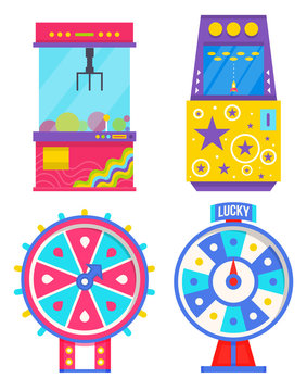 Fortune wheel with spinning circle and money vector, reward on round board flat style. Casino and gambling, claw grabbing toys from glass container for kids. Arcade screen of device old school gadget