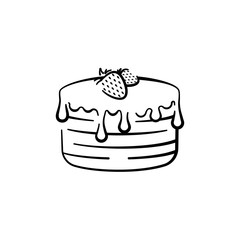 Vector illustration of a chocolate cake with strawberries from above hand-drawn. Vector icon black line isolated on white background for design