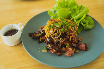 Spicy Stir Fried Spaghetti and Shiitake mushrooms
