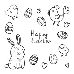 Easter doodle set and spring elements: chickens, eggs, flowers, tulips and Easter rabbit