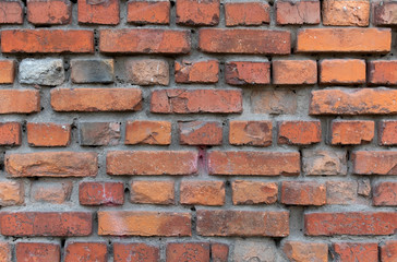 Old red bricks wall pattern for exterior and interior decoration. Grunge texture, old ruined wall 