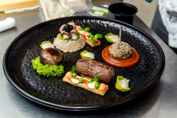 Beautifully decorated catering banquet table with different food snacks