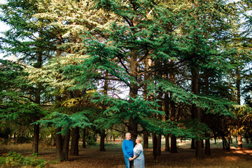 Pensioners walk in the park. Happy old age.
