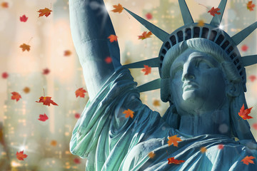 Close up statue of liberty with Falling Autumn Maple leaves, Manhattan, New York,  with background of bokeh of light from building behind. © DoubletreeStudio