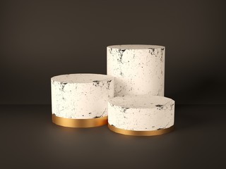 Product Pedestal, Stand, Showcase, Pink Marble and Gold Texture, Cylinder Shape, Luxury Concept, 3D Rendering