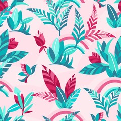 Seamless pattern with tropical plants, flowers and birds on a pink background. Flat illustration in green and pink colors.