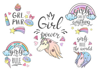 Feminist and motivational lettering, unicorns and rainbow