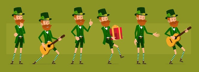 Cartoon funny irish bearded leprechaun boy character with clover hat. Ready for animations. Saint Patricks day. Happy musician with guitar and holiday gift. Big vector icon set.