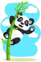 Panda hanging on bamboo smiling and waving. Character