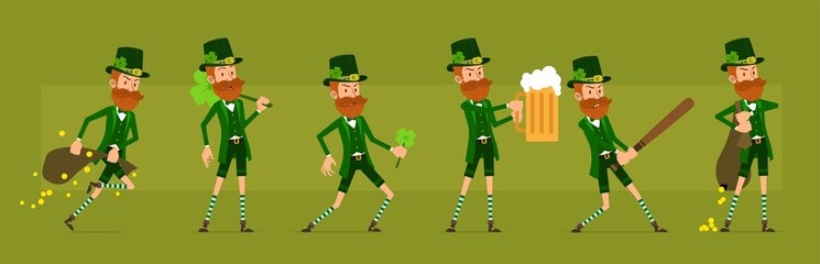 Cartoon funny irish bearded leprechaun boy character with clover hat. Ready for animations. Saint Patricks day. Angry leprechaun with bag deer and baseball bat. Big vector icon set.