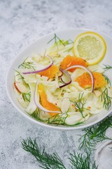 Homemade fresh Fennel Orange Salad, selective focus with copy space