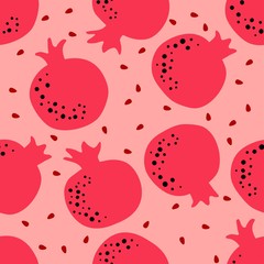 Pomegranate background. Fruit seamless pattern with whole fruit and seeds. Wallpaper art. Simple cute illustration in cartoon flat style. Vector