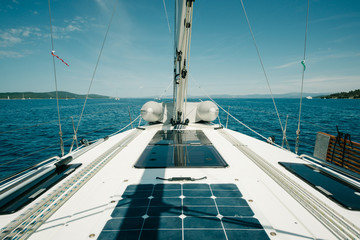 Ship deck on a yacht on the sea with blue sky. Sailing and yachting concept.