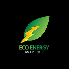 Eco Energy Vector Logo with leaf symbol. Green color with flash or thunder graphic. Nature and electricity renewable. This logo is suitable for technology, recycle, organic.