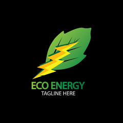 Eco Energy Vector Logo with leaf symbol. Green color with flash or thunder graphic. Nature and electricity renewable. This logo is suitable for technology, recycle, organic.