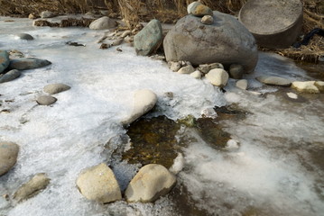 Fototapeta na wymiar River water frozen in winter