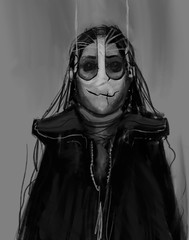 Digital painting of a creepy masked creature with black eyes - digital sci-fi fantasy illustration