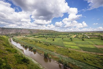 River Raut and fields seen from tourist trail in Old Orhei - Orheiul Vechi natural and historical complex near Trebujeni village, Moldova