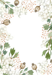 Watercolor boho floral frame.  Botanical dry seed pods and branches in bohemian style Wedding card. Autumn garden © Anna