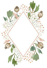 Watercolor floral frame.  Botanical dry seed pods and branches for bohemian wedding card. Autumn garden © Anna