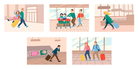 Collection of cards with people in airport terminal. Arrival and departure concept. Vector cartoon illustration