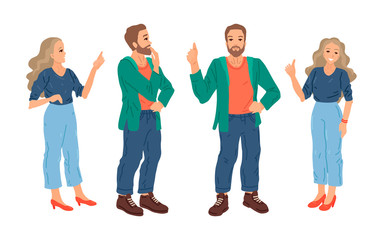 Group of men and women pointing out. Vector illustration