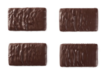 Chocolate bars isolated on white background, top view