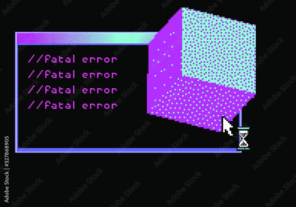 Poster Surreal collage in pixel art style with console window and 3d cube. Vaporwave and retrowave aesthetics.