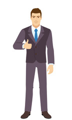 Smiling Businessman shows thumb up. Full length portrait of Businessman in a flat style.