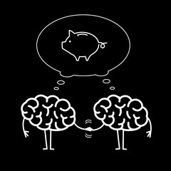 Two brains business cooperation. Vector concept illustration of teamwork handshake with bubble with piggy money bank | flat design linear infographic icon white on black background