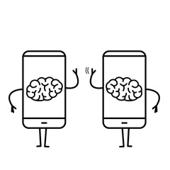 Two brains inside smartphones. Vector concept illustration of brain caged in modern technology | flat design linear infographic icon black on white background