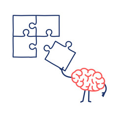 Brain making puzzle. Vector concept illustration of creative mind finding solution | flat design linear infographic icon red and blue on white background