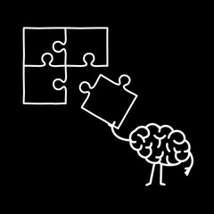 Brain making puzzle. Vector concept illustration of creative mind finding solution | flat design linear infographic icon white on black background