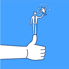 Conceptual vector rtb or reason to believe icon of man standing on thumb up with golden cup | modern flat design marketing and business linear illustration and infographic concept on blue background