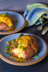Twice Baked Potatoes with Bacon, Cheese and  Scallion. Potato in jacket. Vertical image