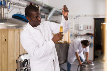 Fototapeta na wymiar African american man controlling quality of beer in flask in brew-house