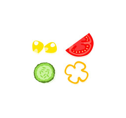 Vegetable Salad Recipe. Healthy Eating and Detox. Vector set - tomato, cucumber and feather slice and juicy corn