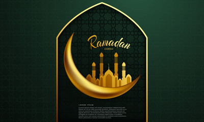 Ramadan Kareem background illustration with golden crescent moon on background for Islamic festival