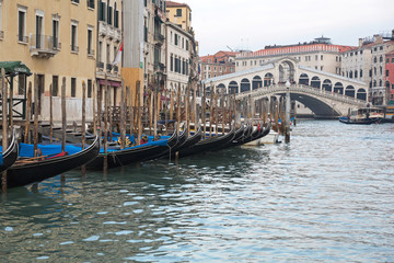 Fototapeta na wymiar Moored Gondolas Rialto Venice