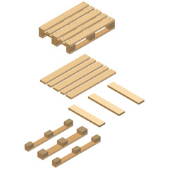Wooden pallet, assembly, isometric design. Realistic image with the texture of wood and with fasteners. Vector illustration.