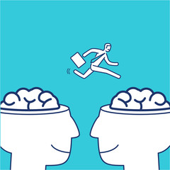 Mind exchange. Vector illustration of businessman jumping from one brain to other | modern flat design linear concept icon and infographic on blue background