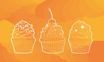 A vector set of cupcakes with different  frosting on top. Three silhouettes of hand drawn cupcakes with a cherry berry on top of one. Different muffin contours.  